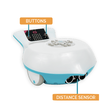 A picture of the Finch showing the buttons in the micro:bit in the Finch tail and the distance sensor under the beak.