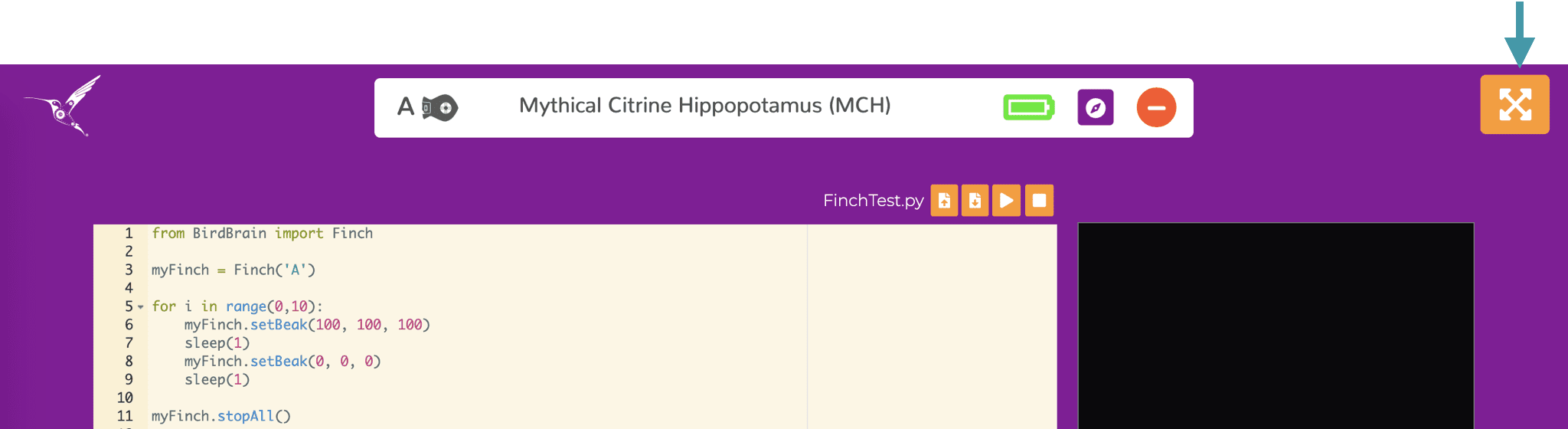 This picture shows the location of the expand button in BirdBrain Brython.