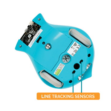 Picture shows the positions of the two line tracking sensors. There is one to the right and to the left of the Finch power button.