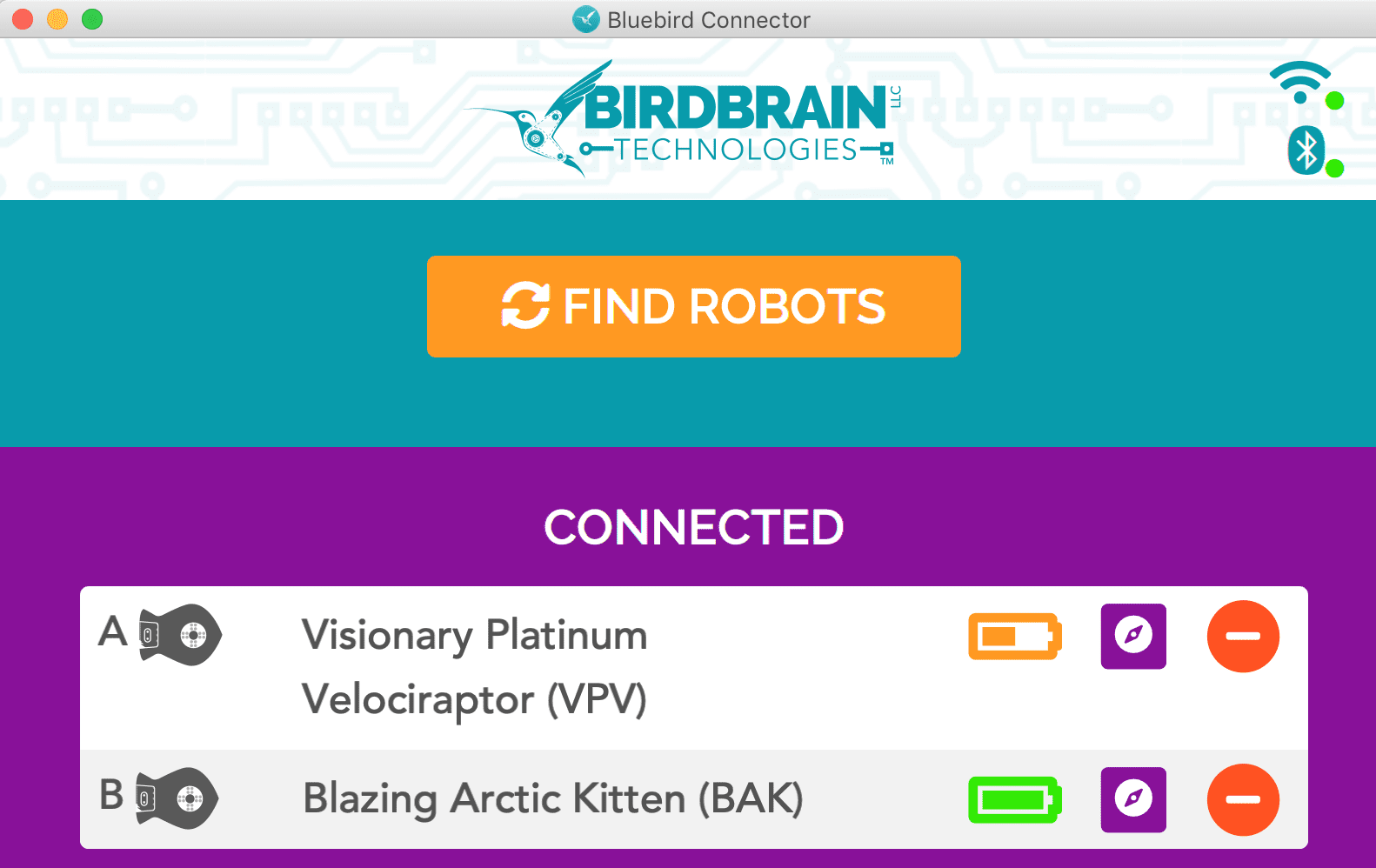 This picture shows the BlueBird Connector with two Finches connected.